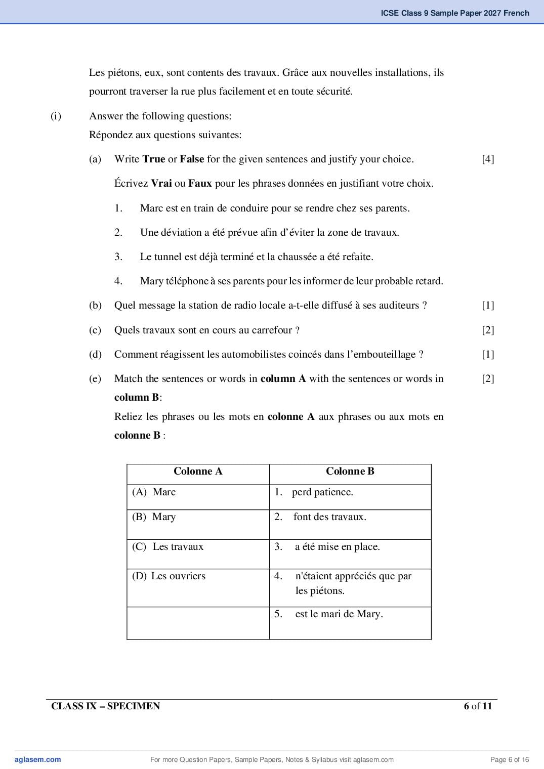ICSE Class 9 French Specimen Paper 2027 (PDF)
