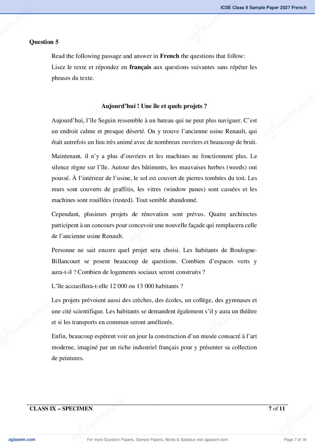 ICSE Class 9 French Specimen Paper 2027 (PDF)
