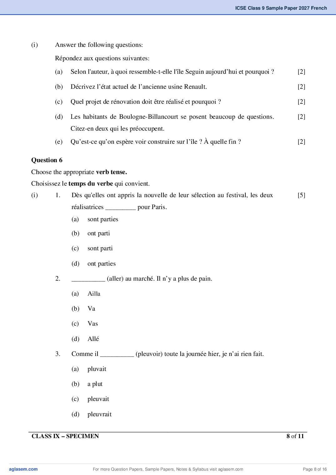 ICSE Class 9 French Specimen Paper 2027 (PDF)