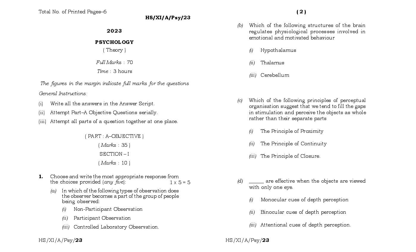 MBOSE Class 11 Question Paper 2023 for Psychology - Page 1