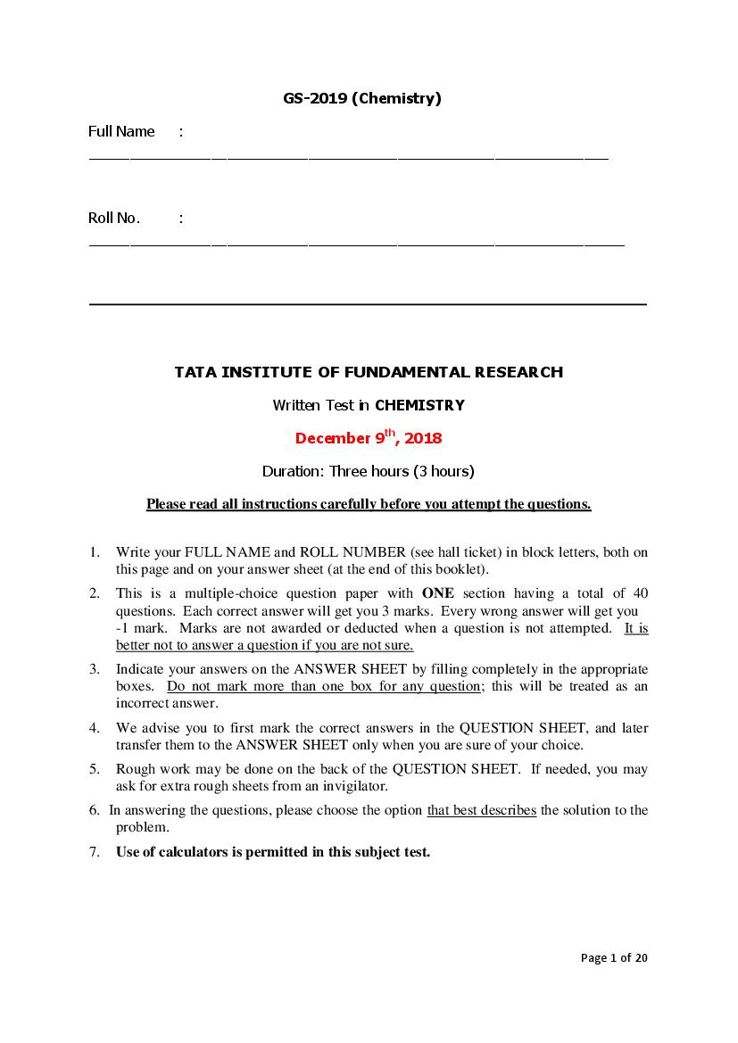 TIFR GS 2019 Question Paper Chemistry - Page 1