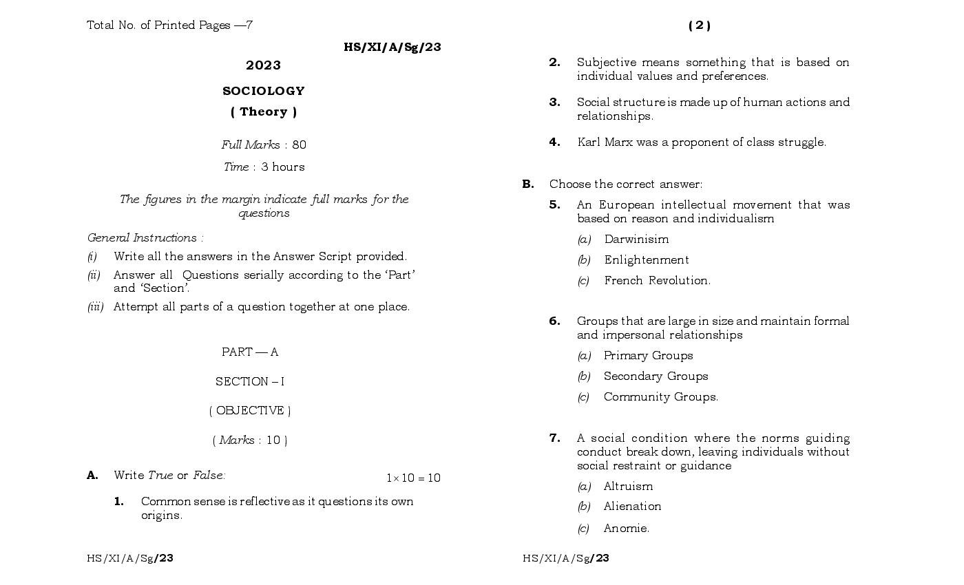 MBOSE Class 11 Question Paper 2023 for Sociology - Page 1