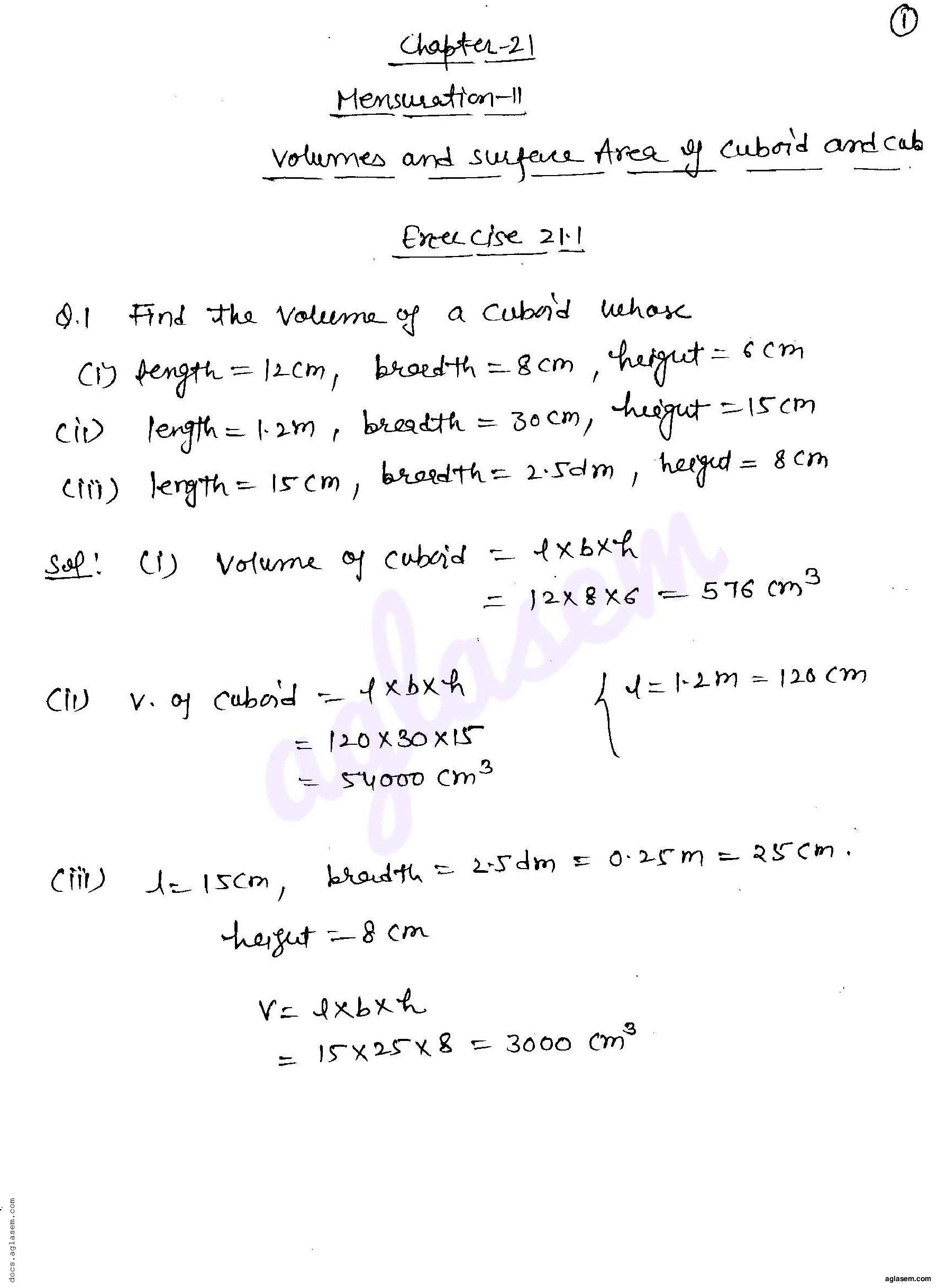 RD Sharma Solutions Class 8 Chapter 21 Mensuration II Volumes and Surface Areas of a Cuboid and a Cube Exercise 21.1 - Page 1