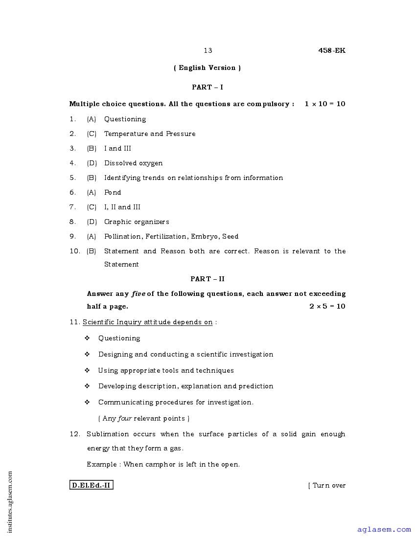 Karnataka D El Ed Nd Year Question Paper Science Pdf Aglasem Institutes