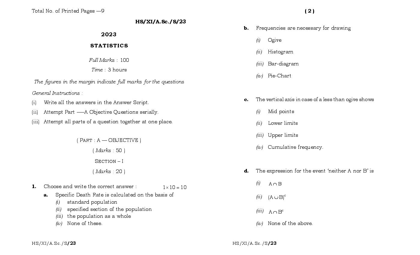 MBOSE Class 11 Question Paper 2023 for Statistics - Page 1