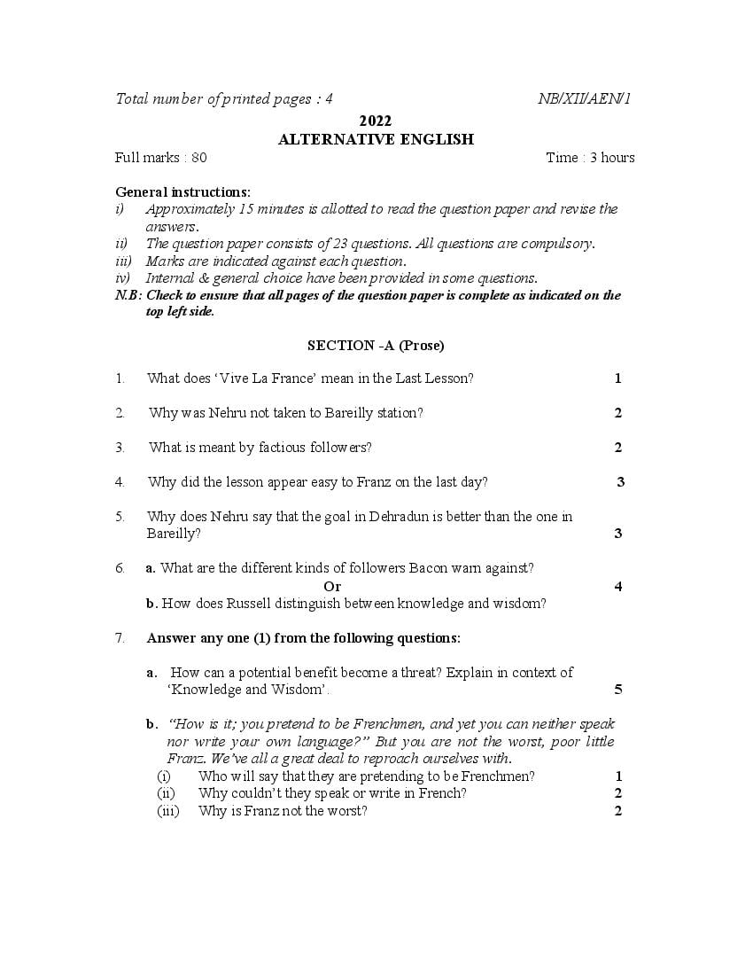 NBSE Class 12 Question Paper 2022 Alternative English - Page 1