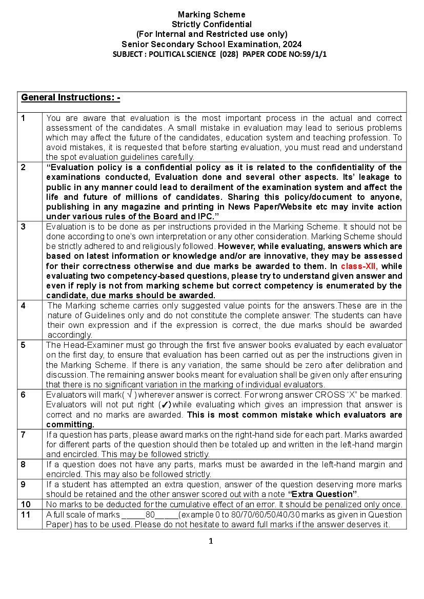 CBSE Class 12 Question Paper 2024 Solution Political Science - Page 1