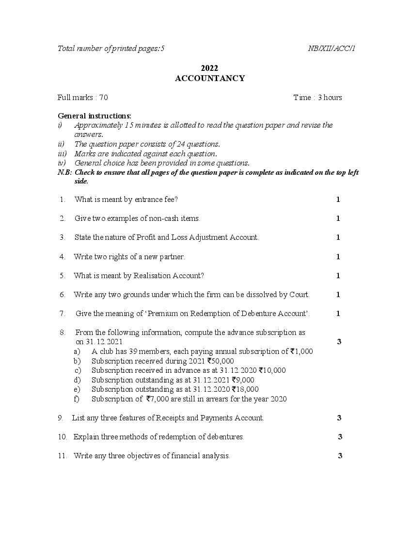 NBSE Class 12 Question Paper 2022 Accountancy - Page 1