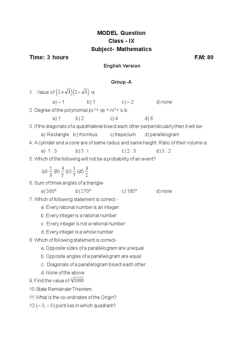 Tripura Board Model Question Paper for Class 9 Maths Annual Exam - Page 1