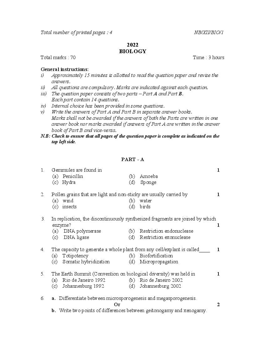 NBSE Class 12 Question Paper 2022 Biology - Page 1