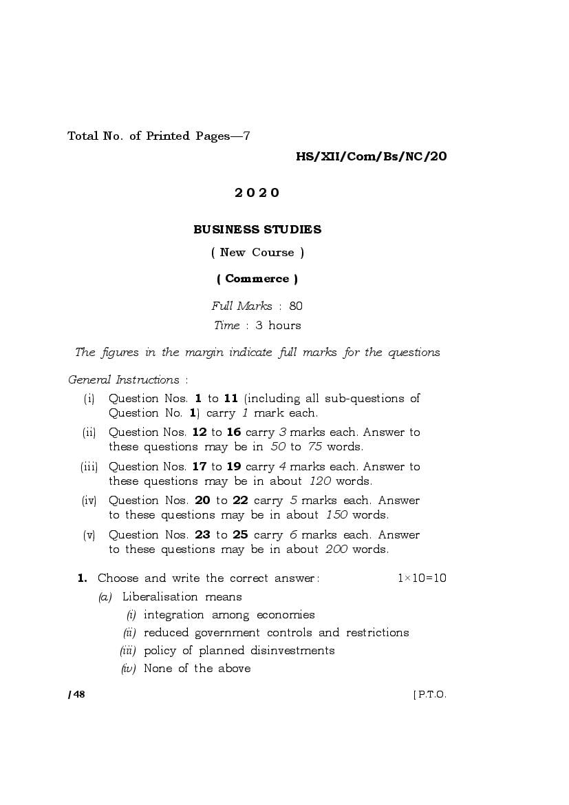 MBOSE Class 12 Question Paper 2020 for Business Studies New Course - Page 1