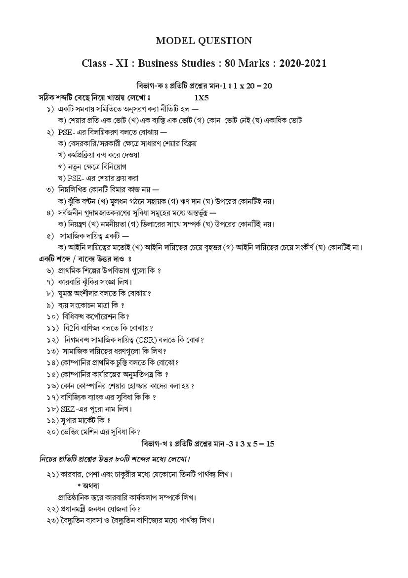 TBSE Class 11 Model Question Paper for 2021 Business Studies - Page 1