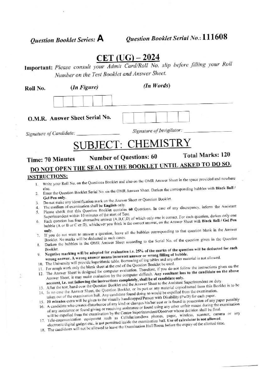 PU CET UG 2024 Question Paper Chemistry - Page 1 of 6