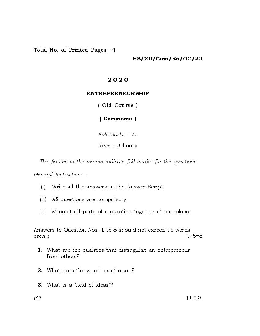 MBOSE Class 12 Question Paper 2020 for Entrepreneurship Old Course - Page 1