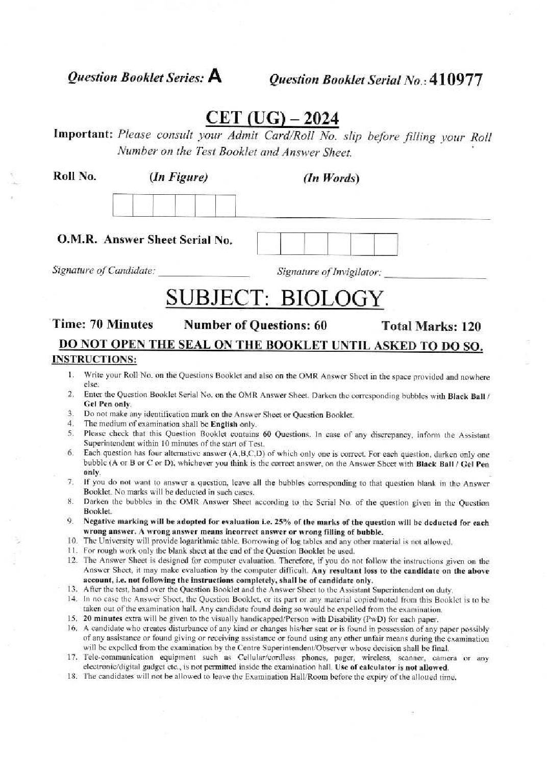 PU CET UG 2024 Question Paper Biology - Page 1 of 6