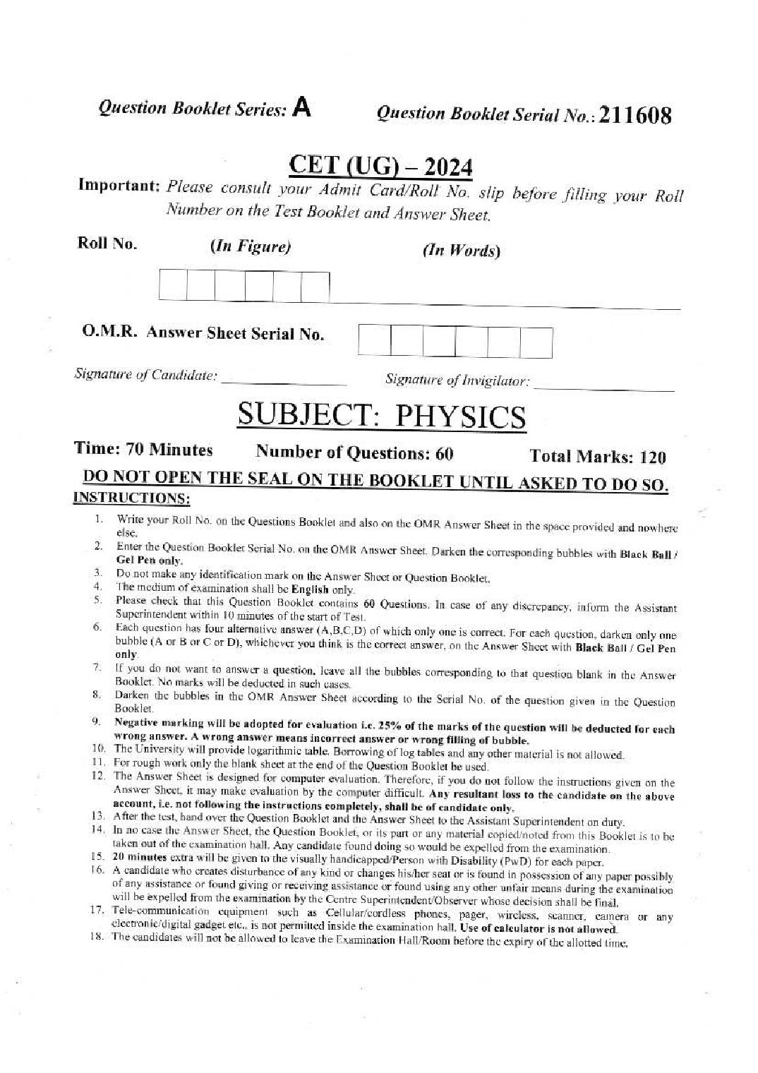 PU CET UG 2024 Question Paper Physics - Page 1 of 6