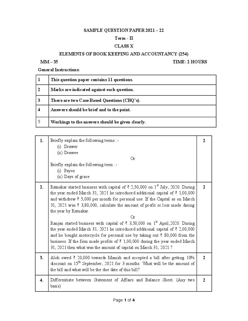CBSE Class 10 Marking Scheme 2022 for Elements of Book Keeping Accountancy Term 2 - Page 1