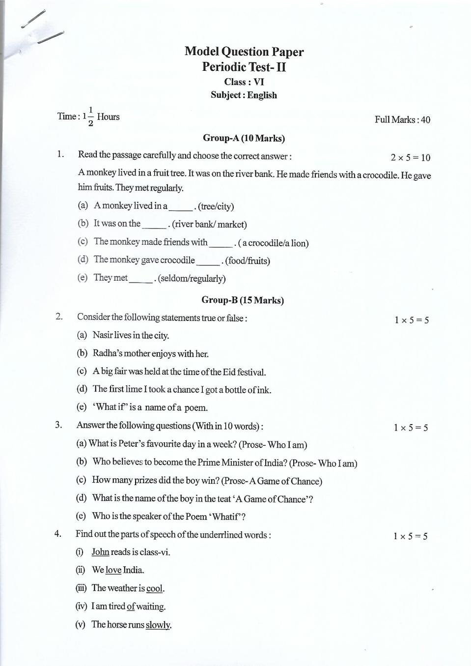 Tripura Board Model Question Paper for Class 6 Annual Exam - Page 1