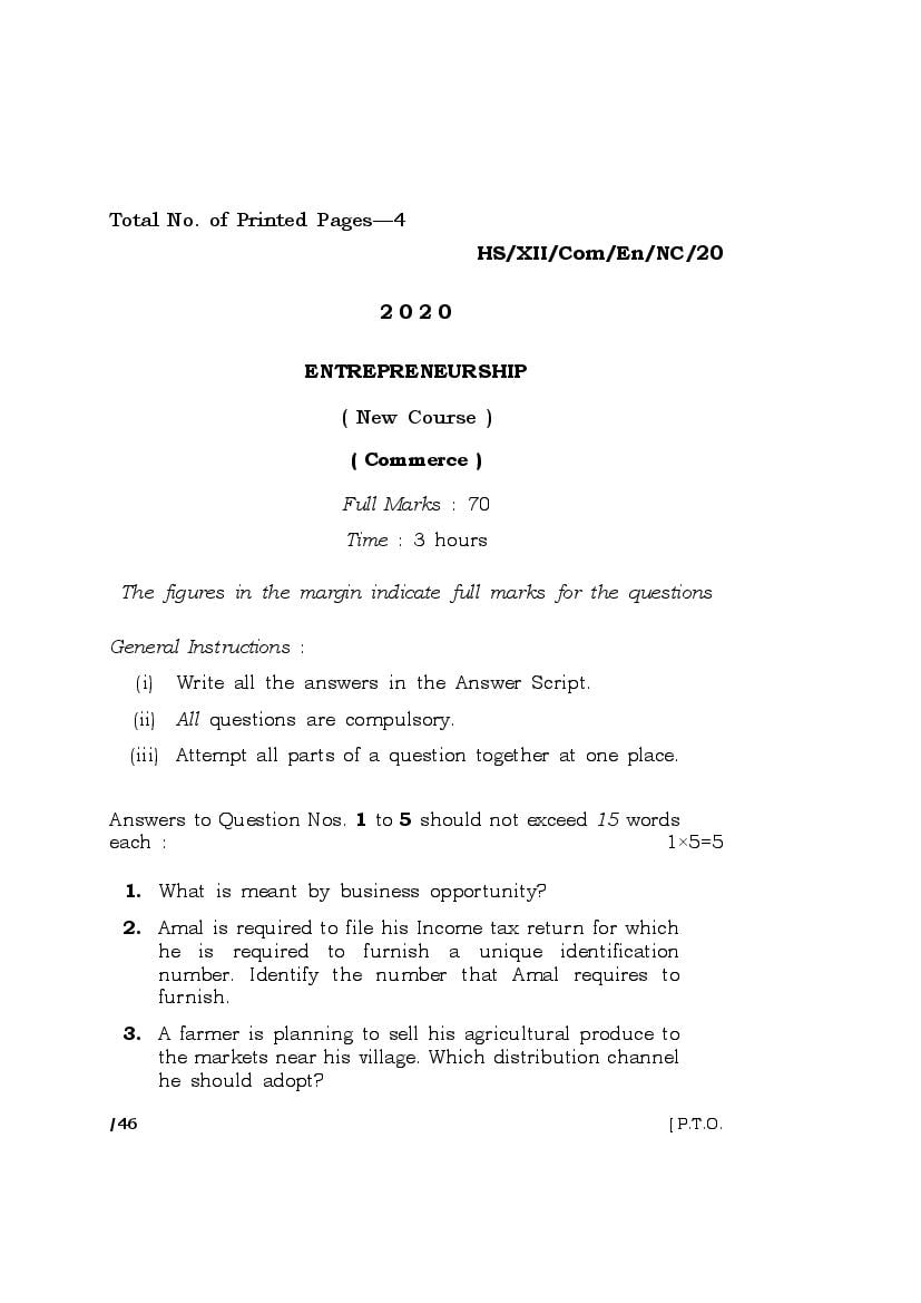 MBOSE Class 12 Question Paper 2020 for Entrepreneurship New Course - Page 1