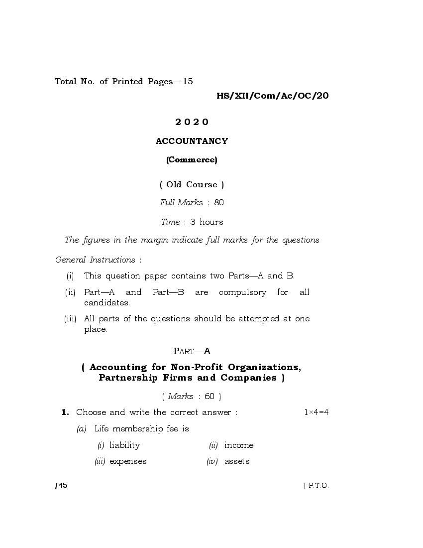 MBOSE Class 12 Question Paper 2020 for Accountancy Old Course - Page 1