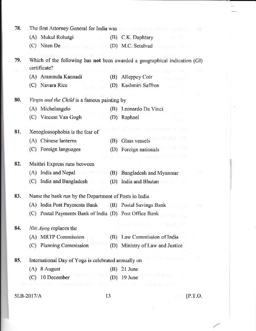 Kerala LLB 5 Year 2017 Question Paper PDF