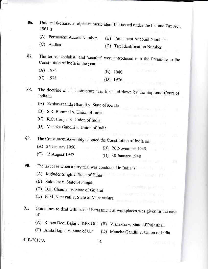 Kerala LLB 5 Year 2017 Question Paper PDF