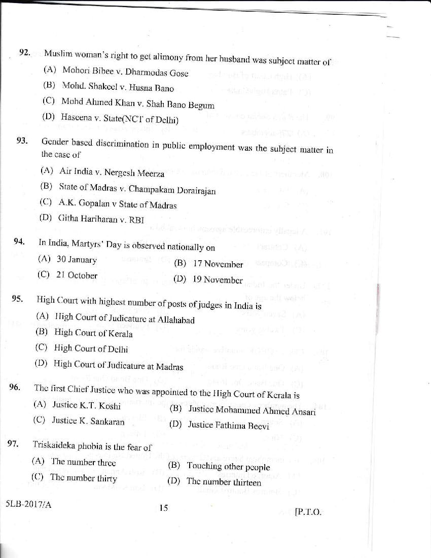 Kerala LLB 5 Year 2017 Question Paper PDF