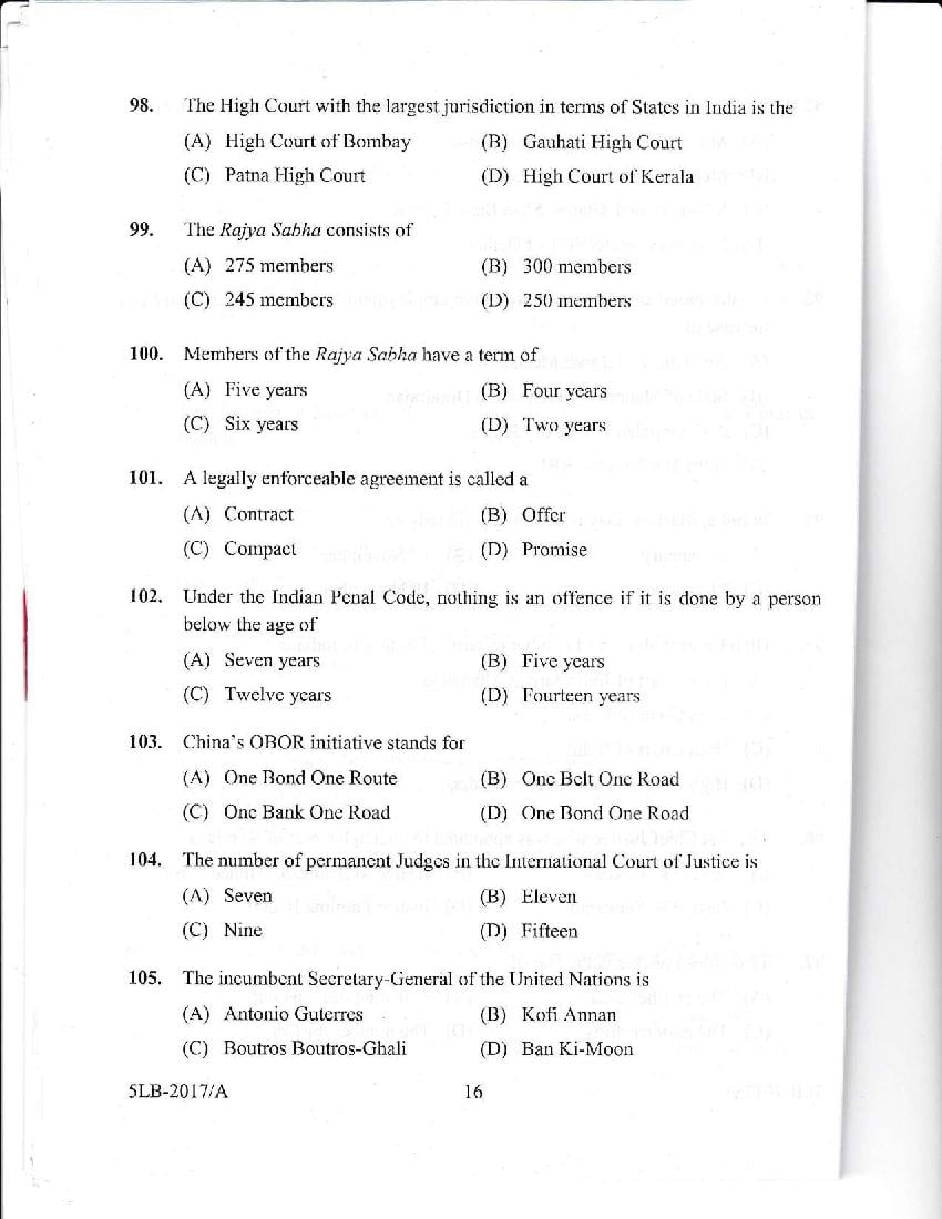 Kerala LLB 5 Year 2017 Question Paper PDF