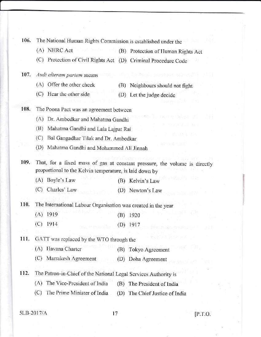 Kerala LLB 5 Year 2017 Question Paper PDF