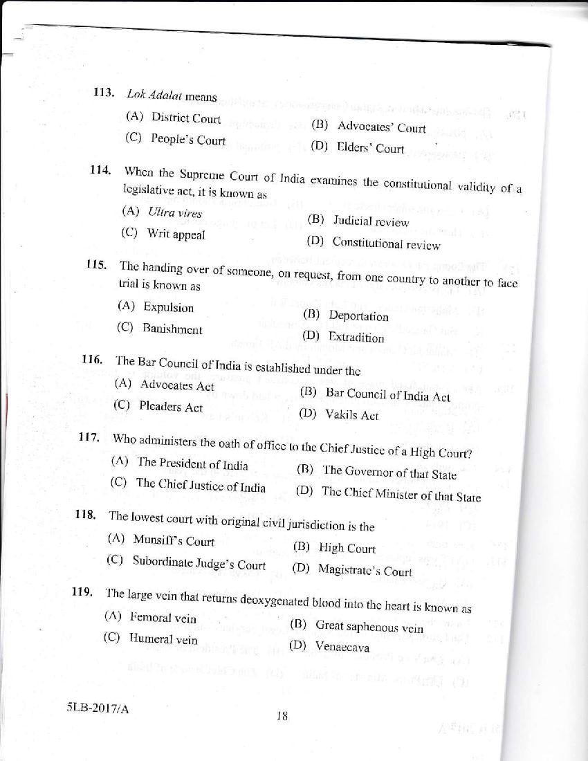 Kerala LLB 5 Year 2017 Question Paper PDF
