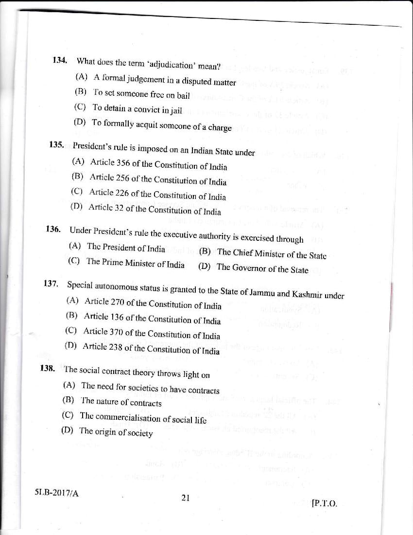 Kerala LLB 5 Year 2017 Question Paper PDF