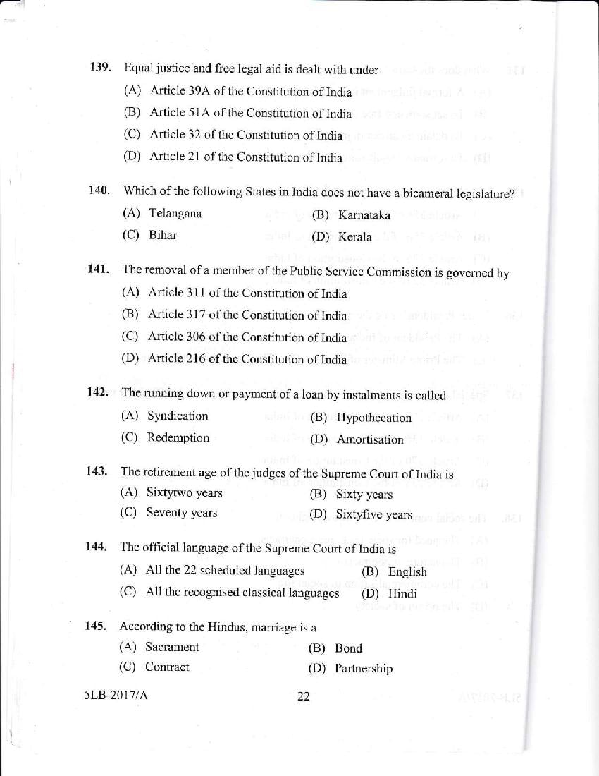 Kerala LLB 5 Year 2017 Question Paper PDF