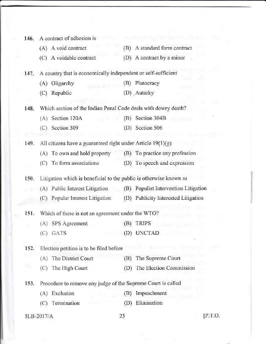 Kerala LLB 5 Year 2017 Question Paper PDF