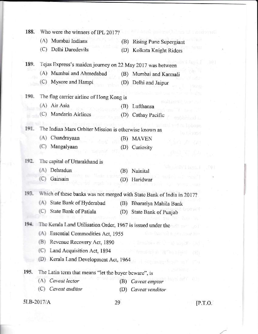 Kerala LLB 5 Year 2017 Question Paper PDF