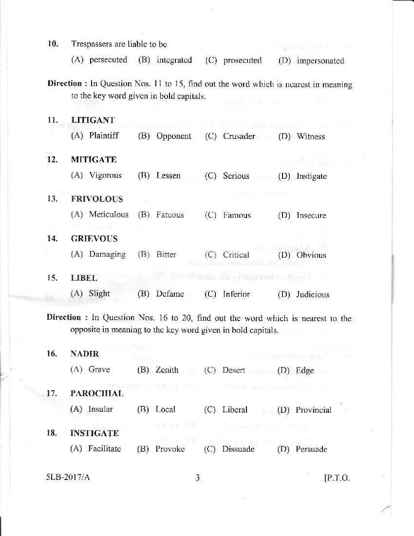 Kerala LLB 5 Year 2017 Question Paper PDF