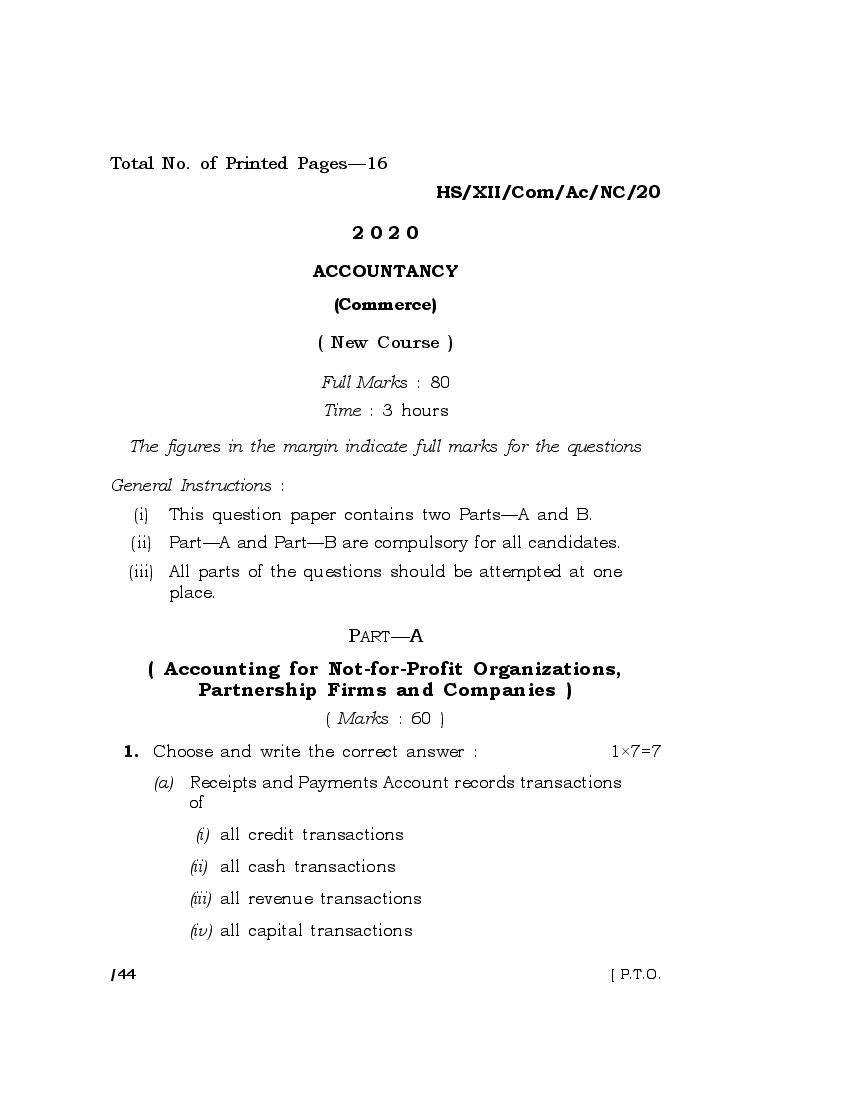 MBOSE Class 12 Question Paper 2020 for Accountancy New Course - Page 1