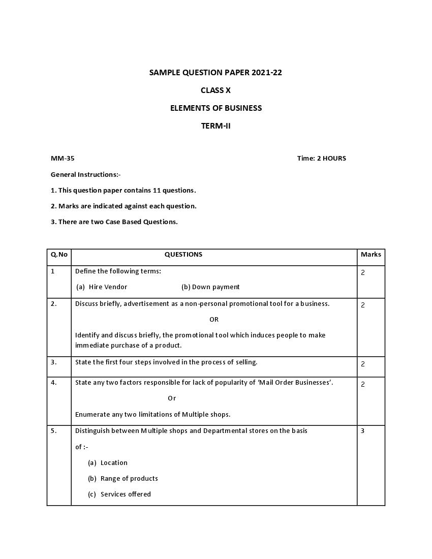 CBSE Class 10 Marking Scheme 2022 for Elements of Business Term 2 - Page 1