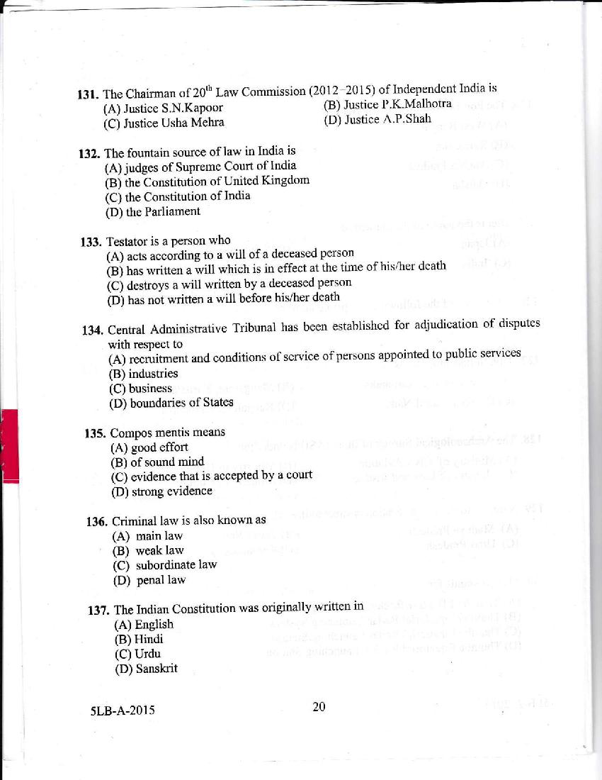 Kerala LLB 5 Year 2015 Question Paper PDF
