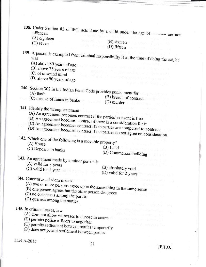 Kerala LLB 5 Year 2015 Question Paper PDF