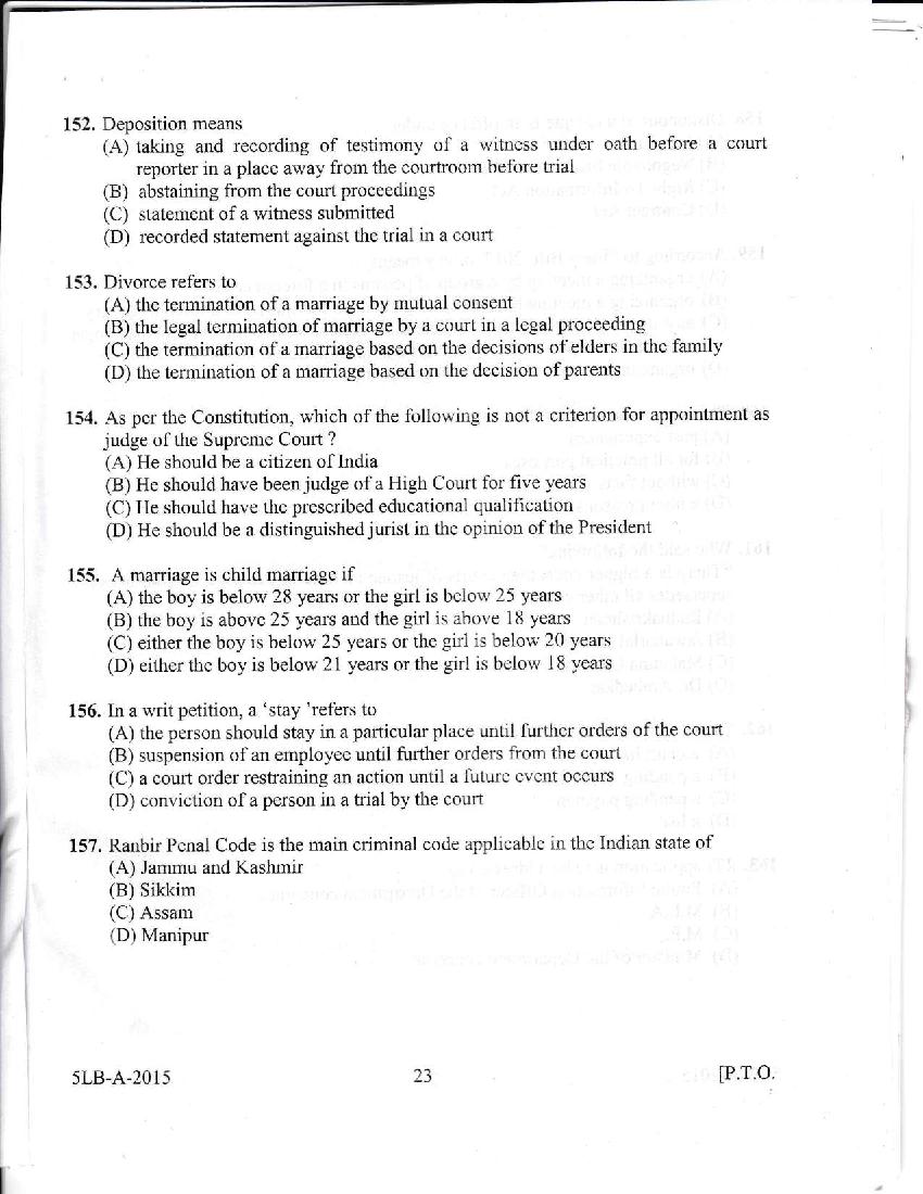 Kerala LLB 5 Year 2015 Question Paper PDF