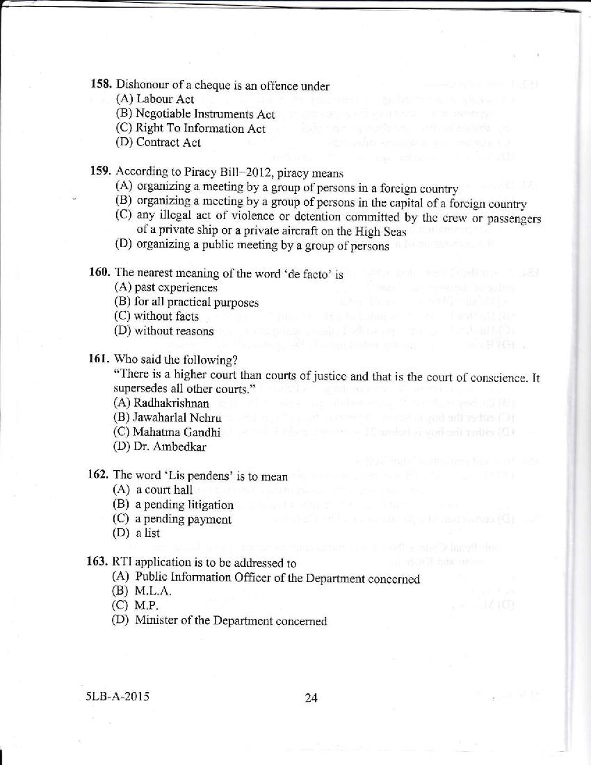 Kerala LLB 5 Year 2015 Question Paper PDF