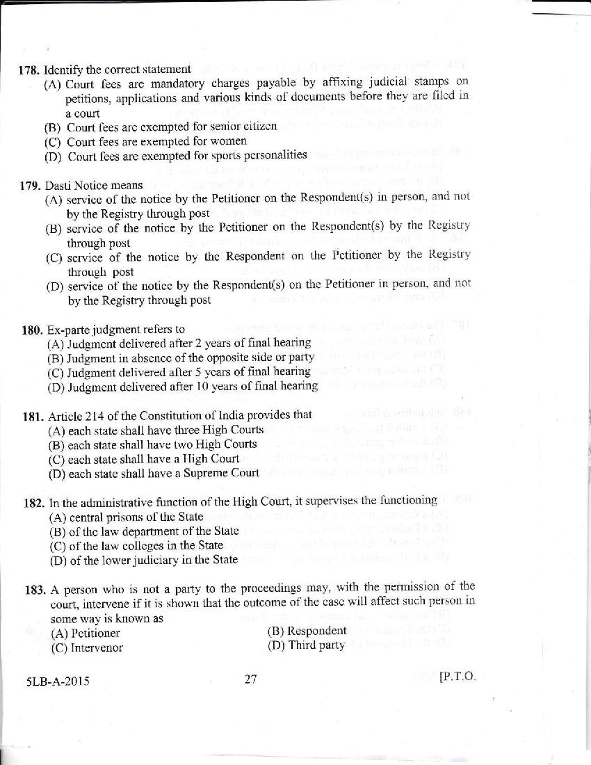 Kerala LLB 5 Year 2015 Question Paper PDF