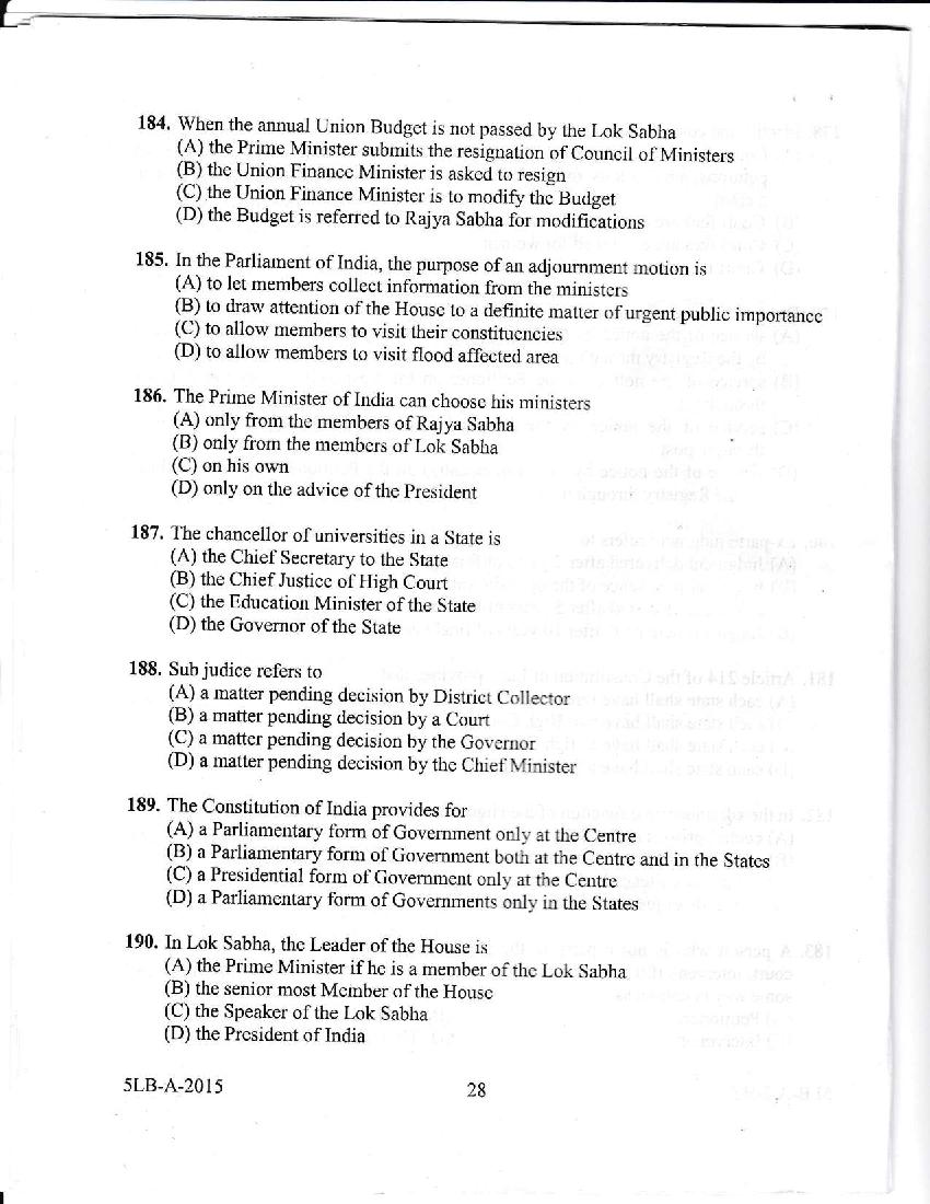 Kerala LLB 5 Year 2015 Question Paper PDF