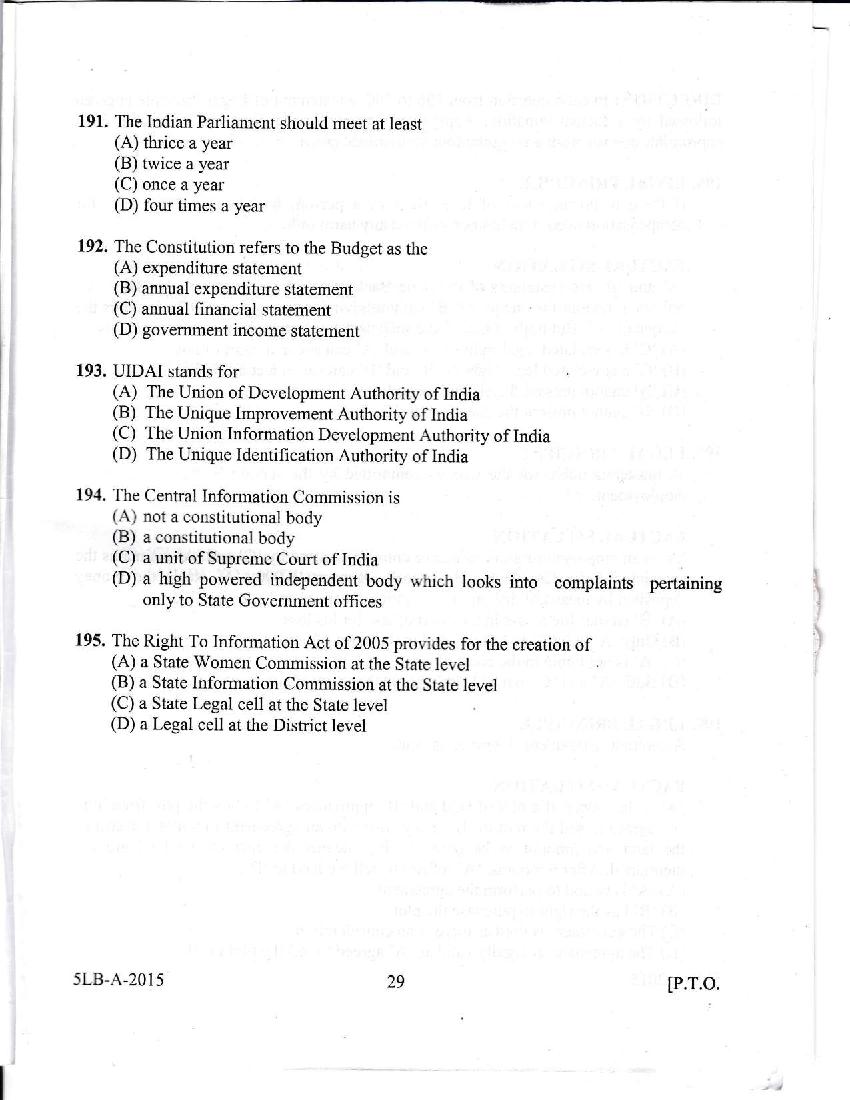 Kerala LLB 5 Year 2015 Question Paper PDF