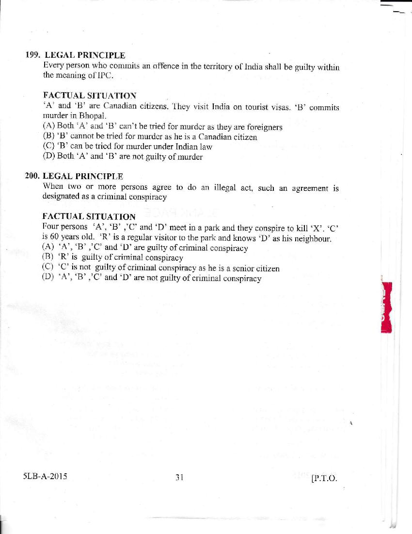 Kerala LLB 5 Year 2015 Question Paper PDF