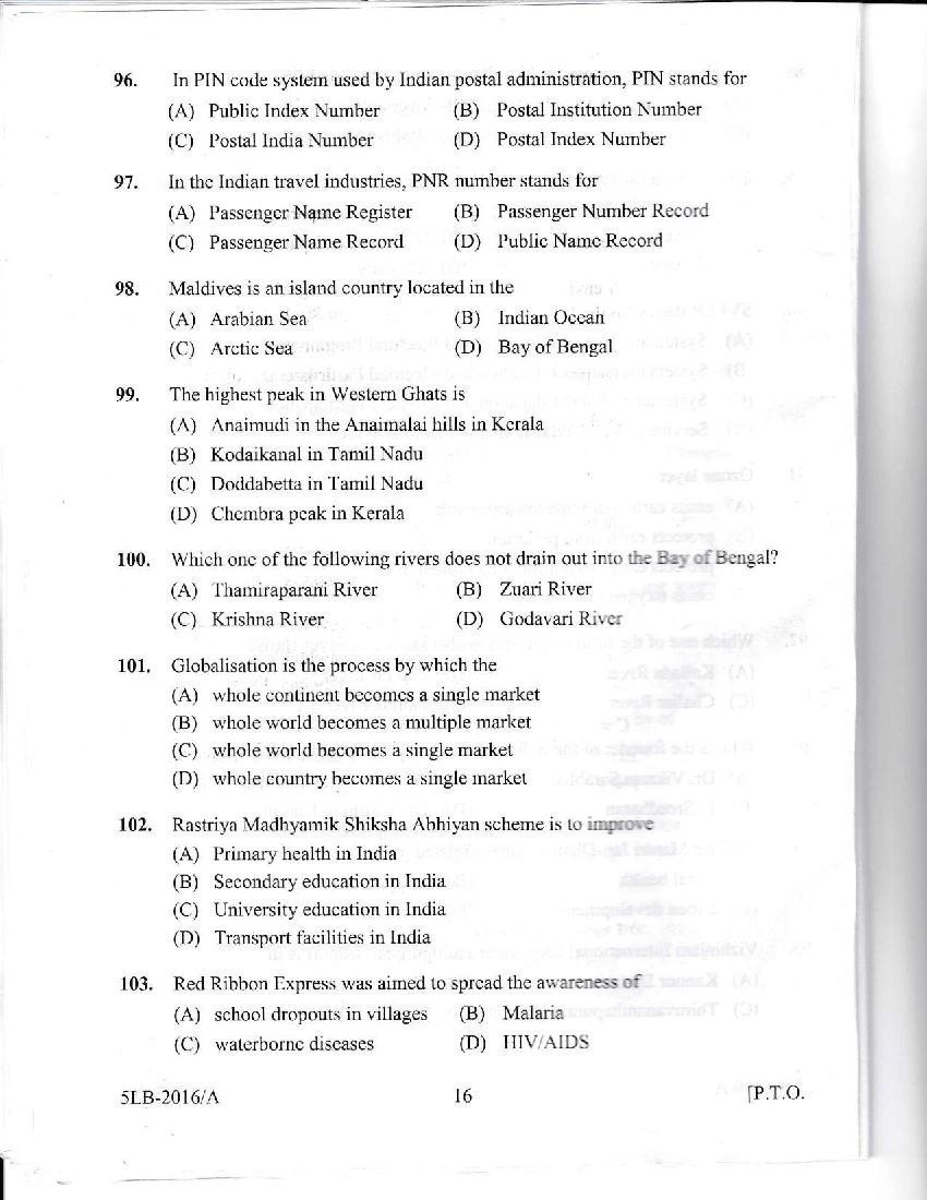 Kerala LLB 5 Year 2016 Question Paper PDF