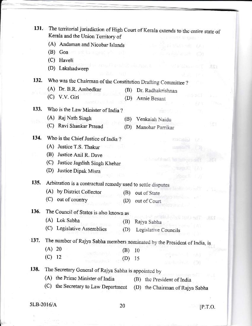 Kerala LLB 5 Year 2016 Question Paper PDF