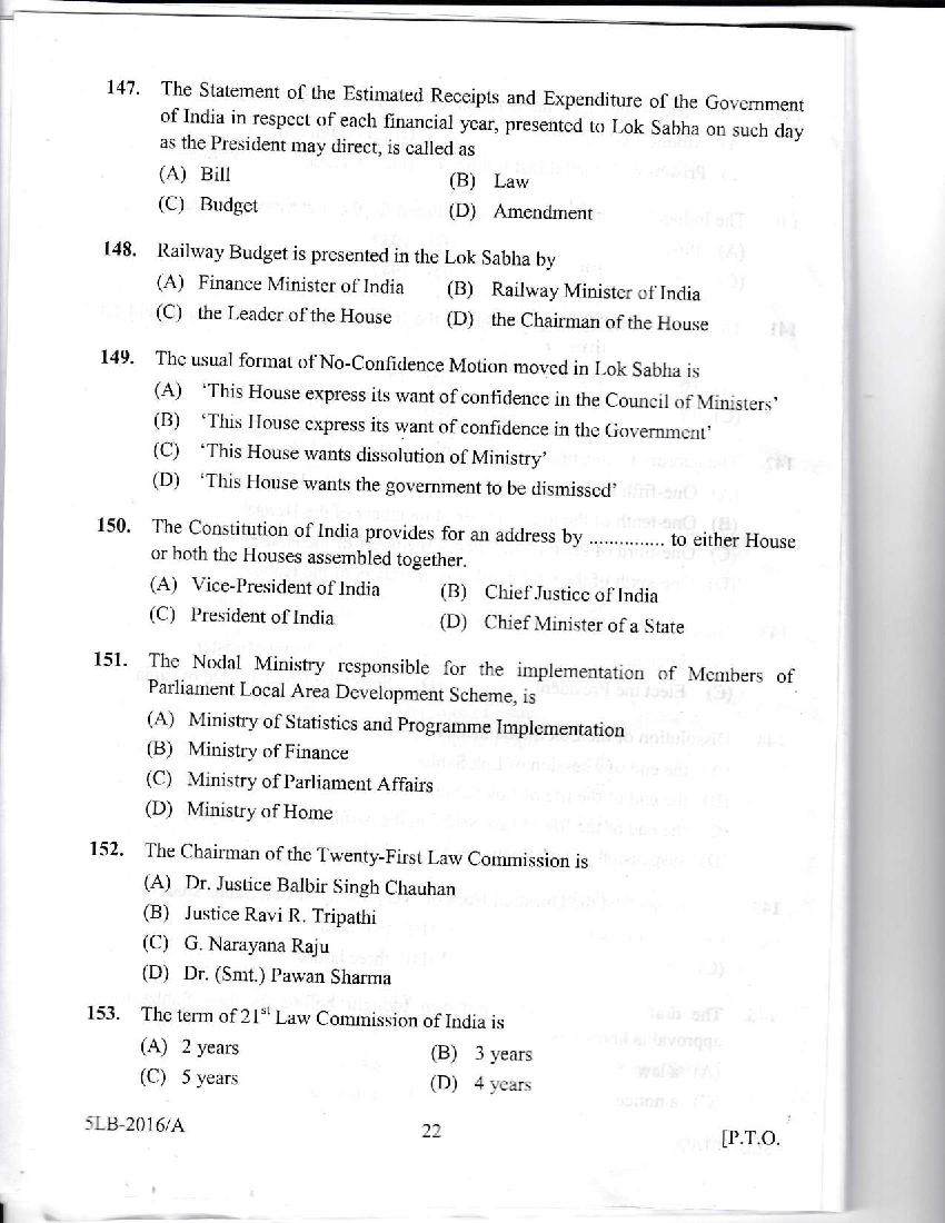 Kerala LLB 5 Year 2016 Question Paper PDF