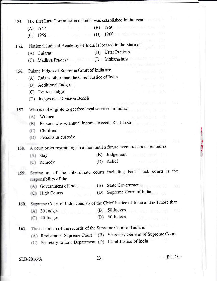Kerala LLB 5 Year 2016 Question Paper PDF