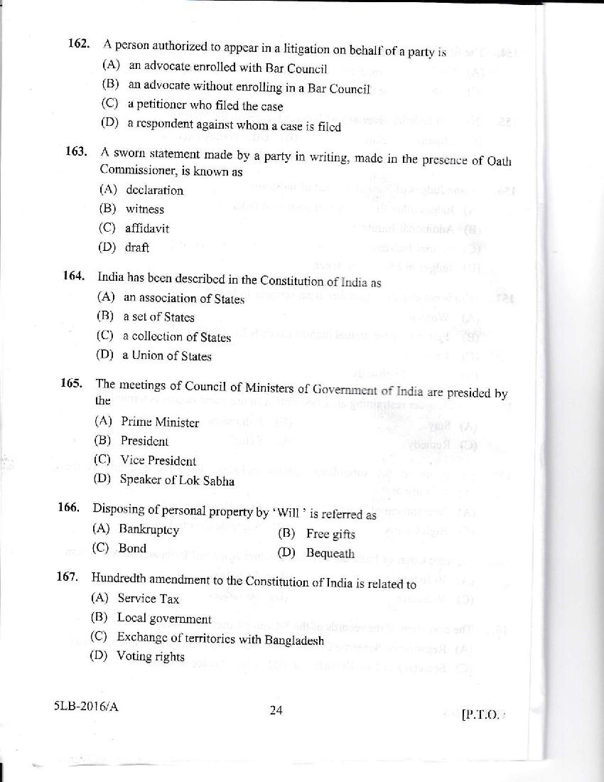 Kerala LLB 5 Year 2016 Question Paper PDF